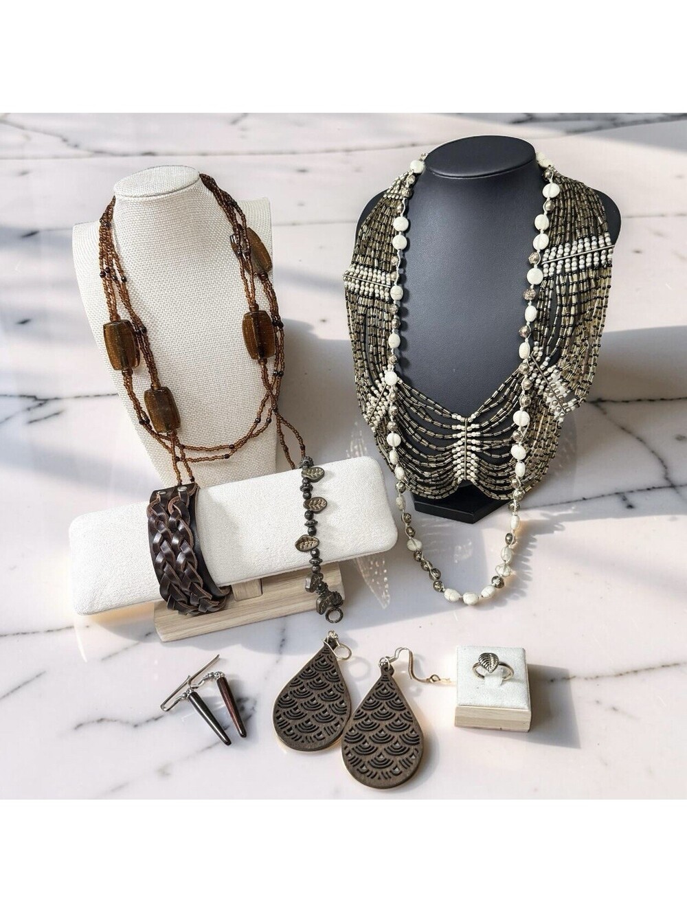 VTG Boho 8 Pc Lot With Natural Stones, Wood, Amber Glass, and Genuine Leather.